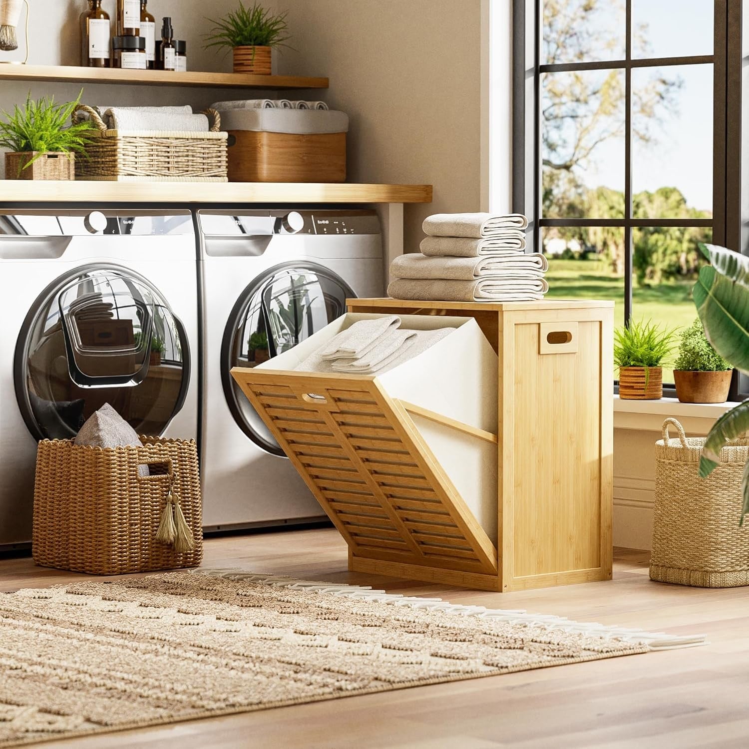 Bamboo Tilt Out Laundry Hamper Cabinet with Hidden Basket Storage Natural