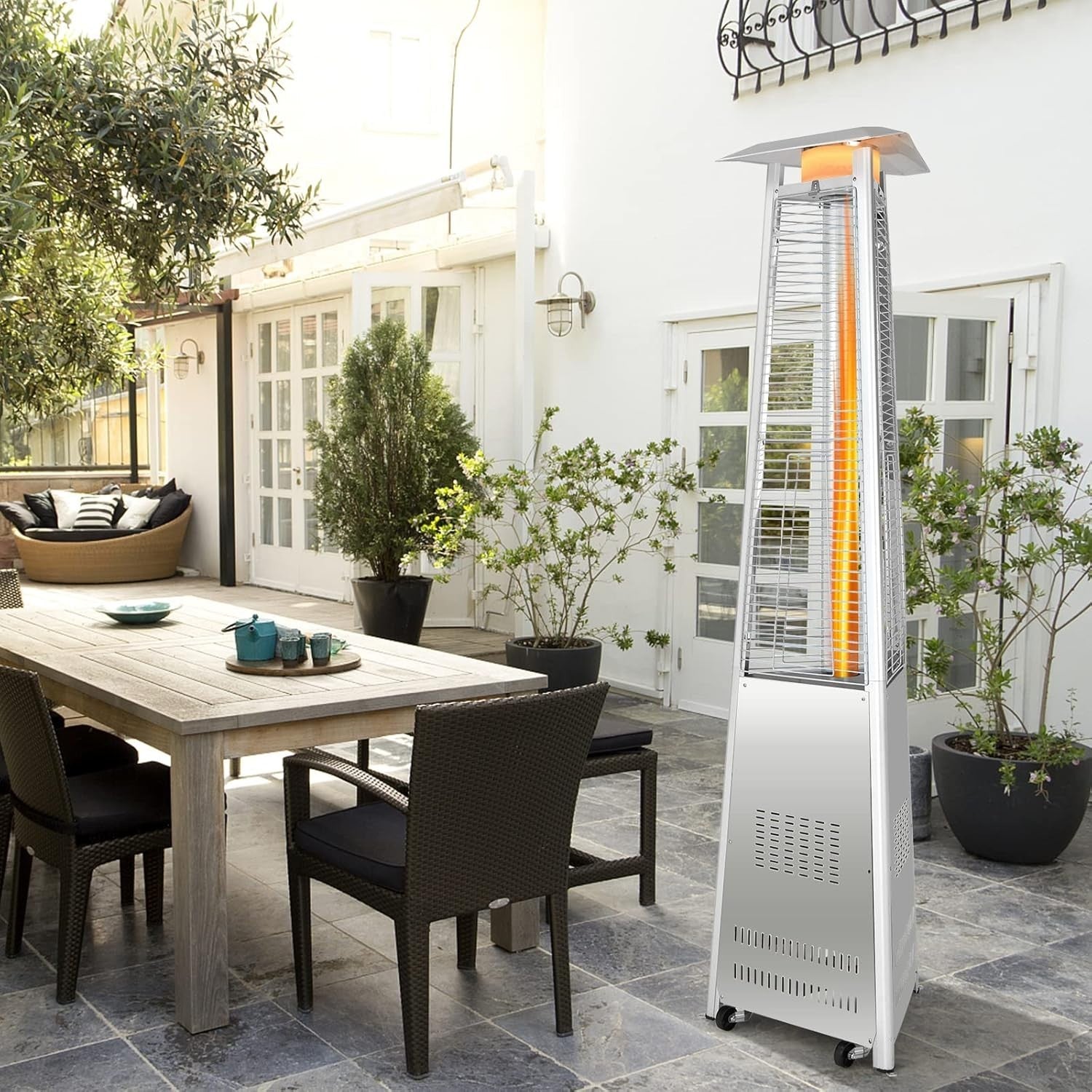 Outdoor Pyramid Patio Heater Gas Flame 42000BTU Adjustable Heat & Wheels
