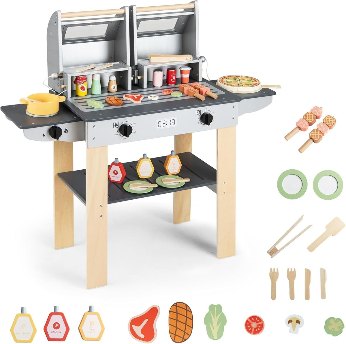 Kids Wooden BBQ Grill Playset Pretend Barbecue Toy Kitchen Set