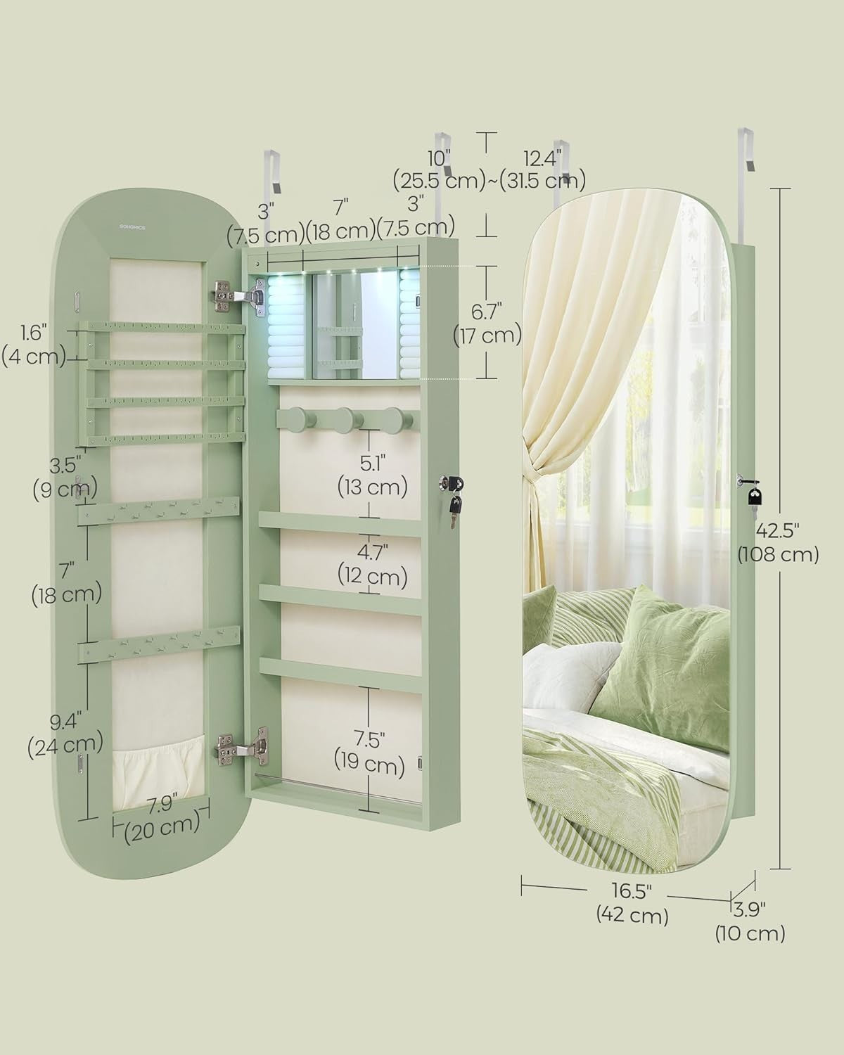 Laurel Green LED Wall Mounted Jewelry Cabinet Mirror Lockable Wide Storage