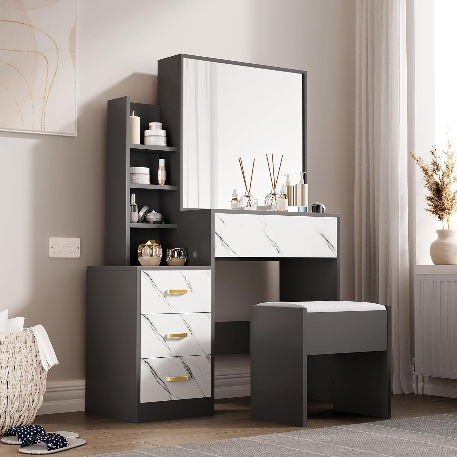 Vanity Makeup Dressing Table Mirror Hidden Storage 4 Drawer Dark Grey White