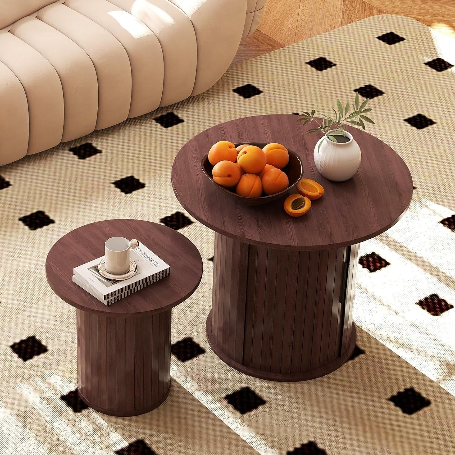 2-Piece 60cm Round Nesting Coffee Table Set with Hidden Storage, Dark Brown
