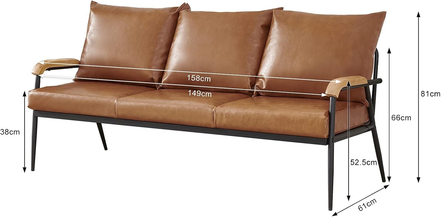 3 Seater Faux Leather Sofa Bed – Metal Frame, Wood Arms, Modern Style
