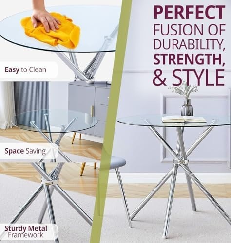 Round Glass Dining Table 90cm Tempered Top Stainless Steel Legs Modern