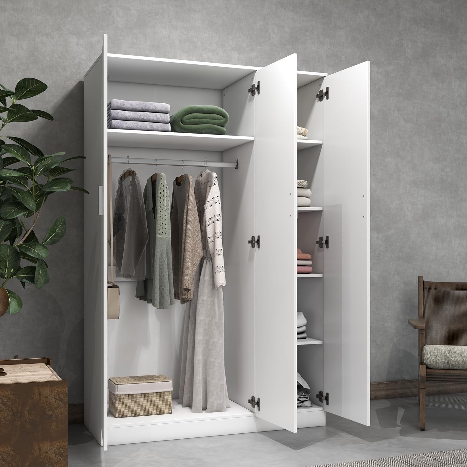 3-Door White Mirrored Wardrobe with Hanging Rail & 6 Storage Compartments