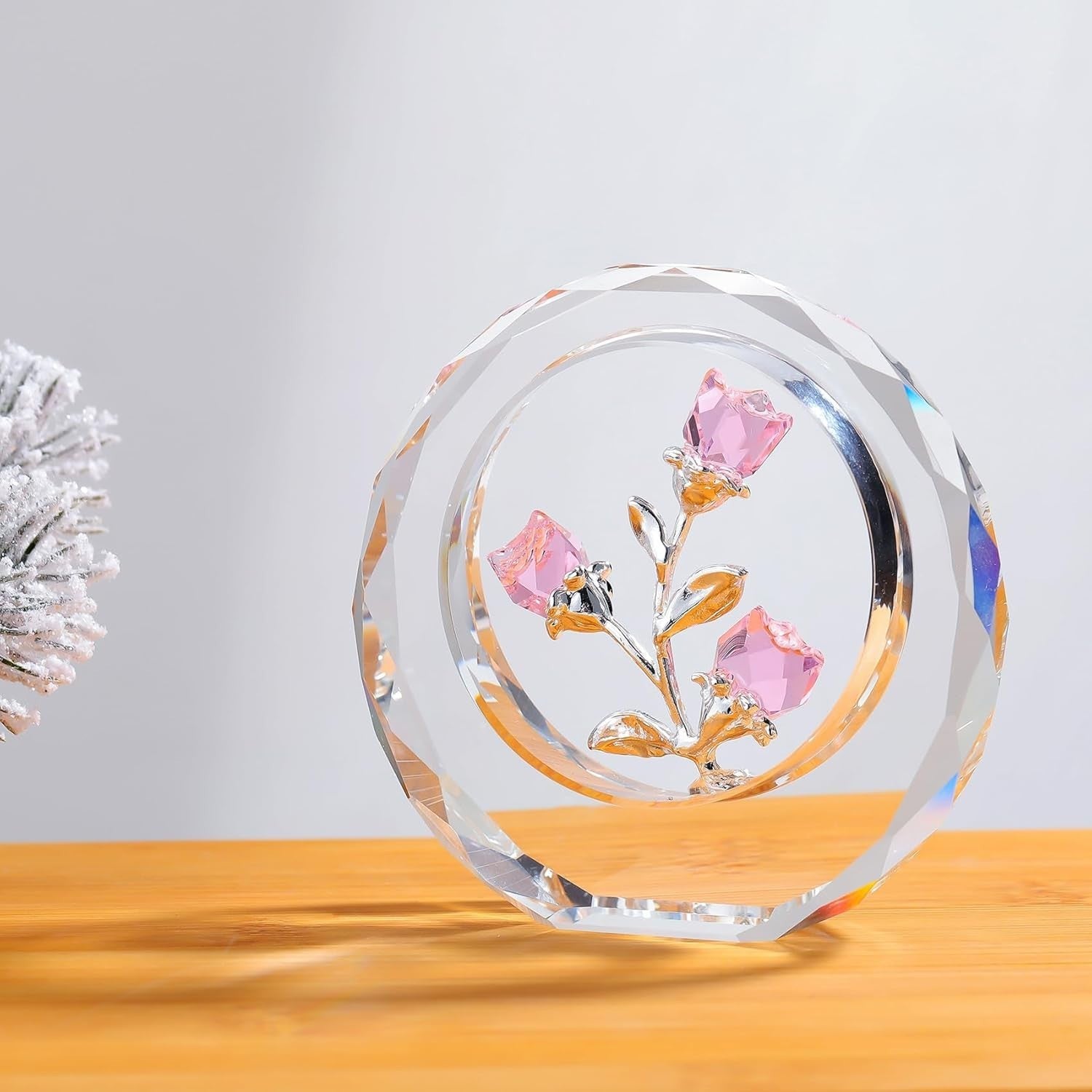 Pink Crystal Rose Bouquet Ornament • Glass Flower Figurine Gift for Women