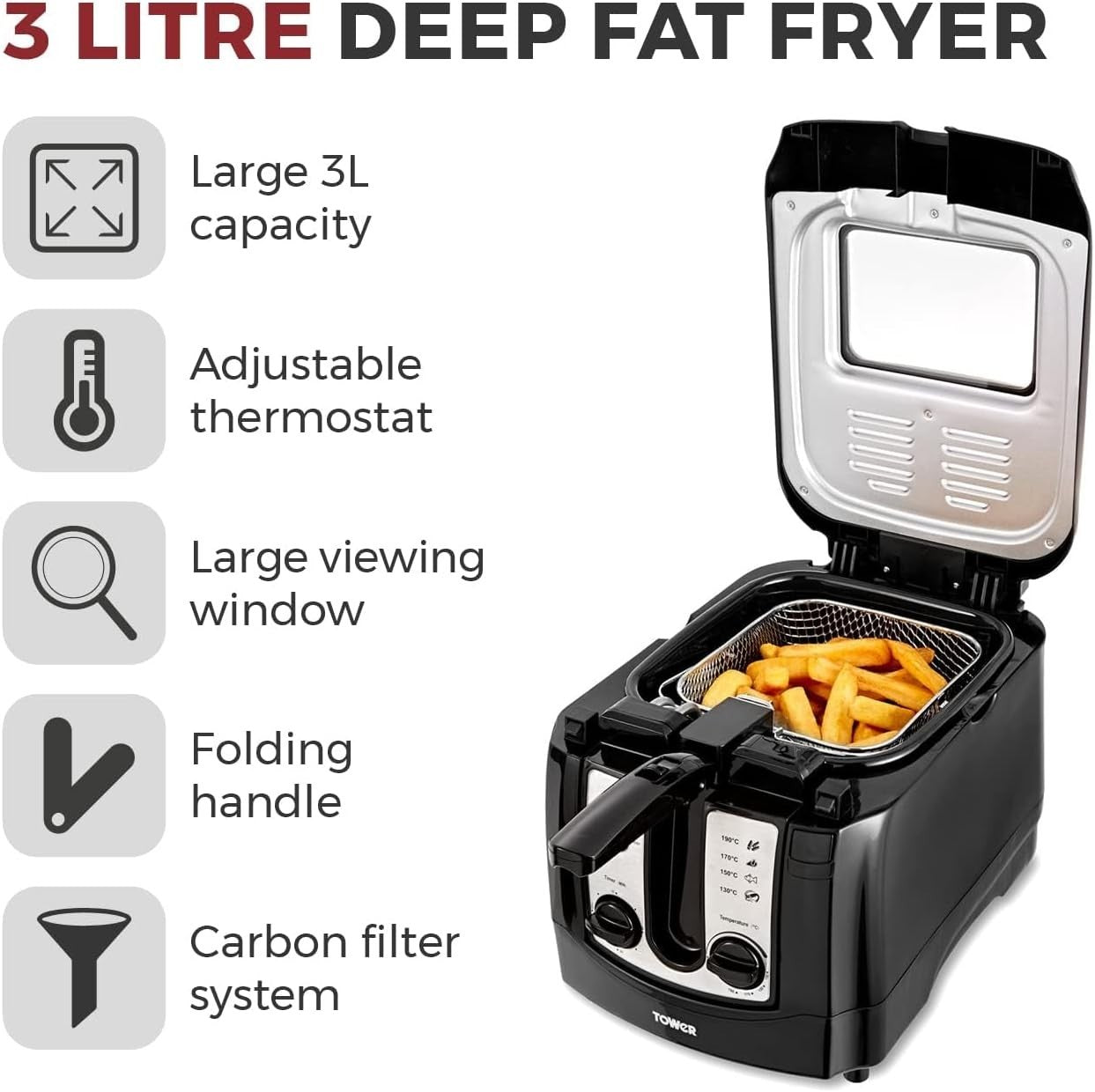 3L Family Deep Fat Fryer 2300W Adjustable Thermostat Timer Window