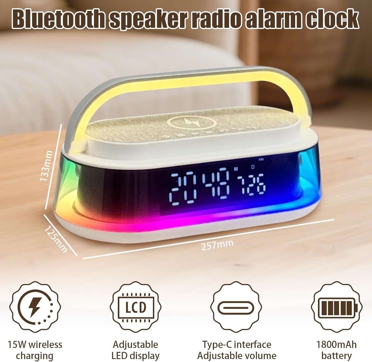 Bluetooth Radio Alarm Clock Wireless Charging Speaker LED Night Light