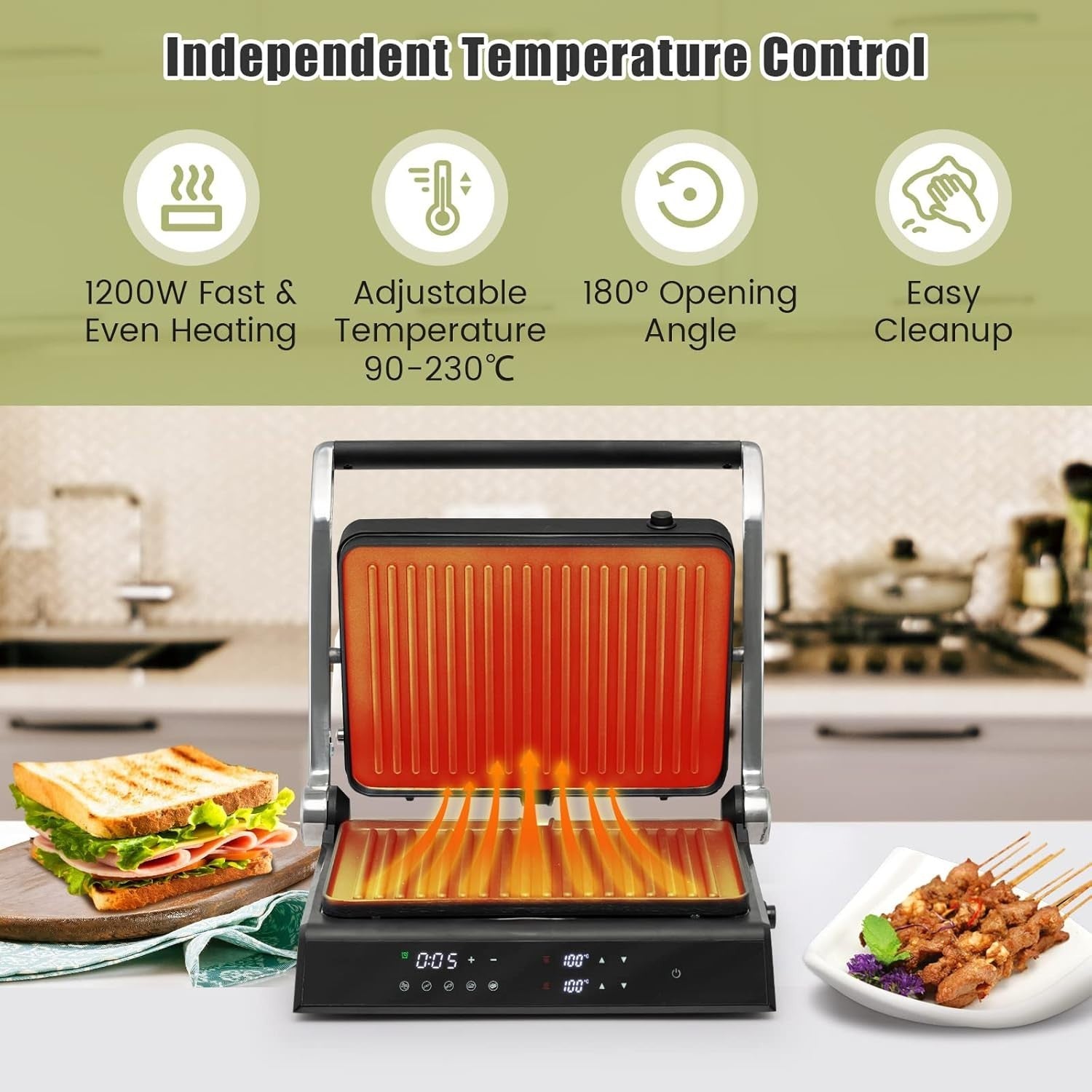 3-in-1 Panini Press Grill LED Touch Non-Stick Adjustable Temperature