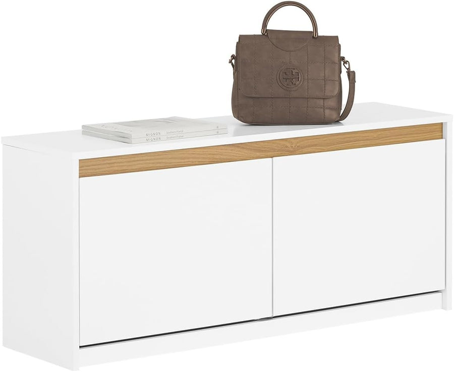 White Shoe Storage Bench with Padded Seat & 2 Flip Drawers – Hallway