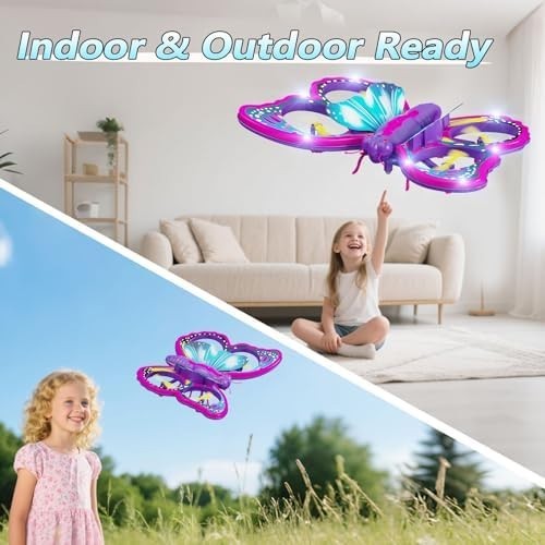 Kids Butterfly Drone RC Quadcopter with Lights, 2 Batteries & Stunts