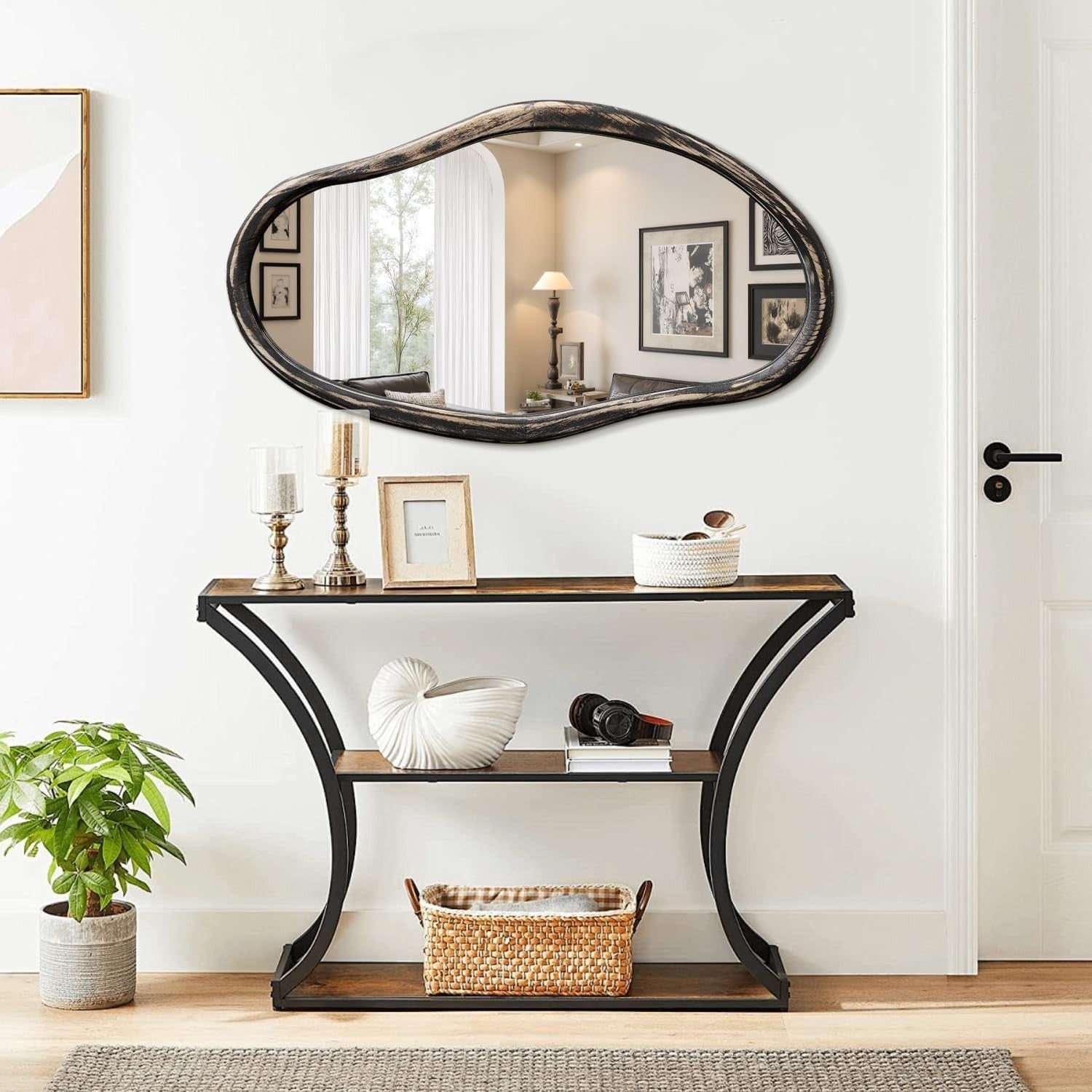Rustic Black Wall Mirror 85x55cm Irregular Shape for Bathroom Hallway