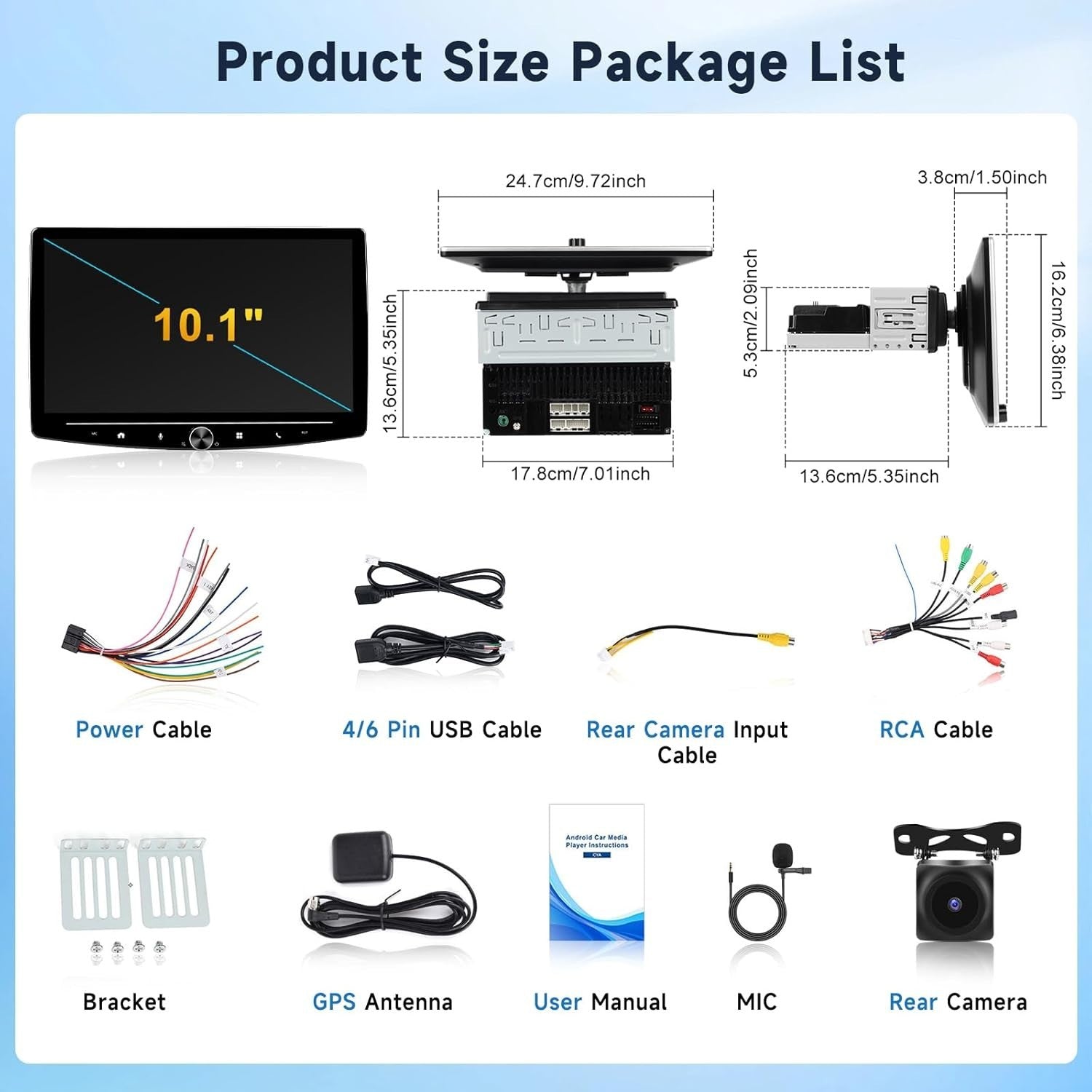 10.1" Android Car Stereo 1 Din Touchscreen Wireless CarPlay GPS Radio