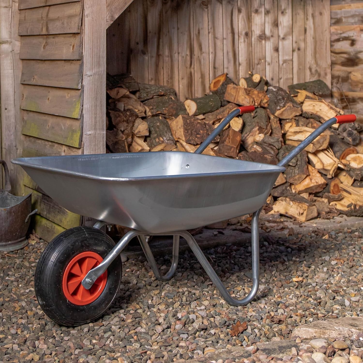 65L Silver Wheelbarrow – Galvanised Steel Tub w/ Air Tyre & Grip Handles 60kg
