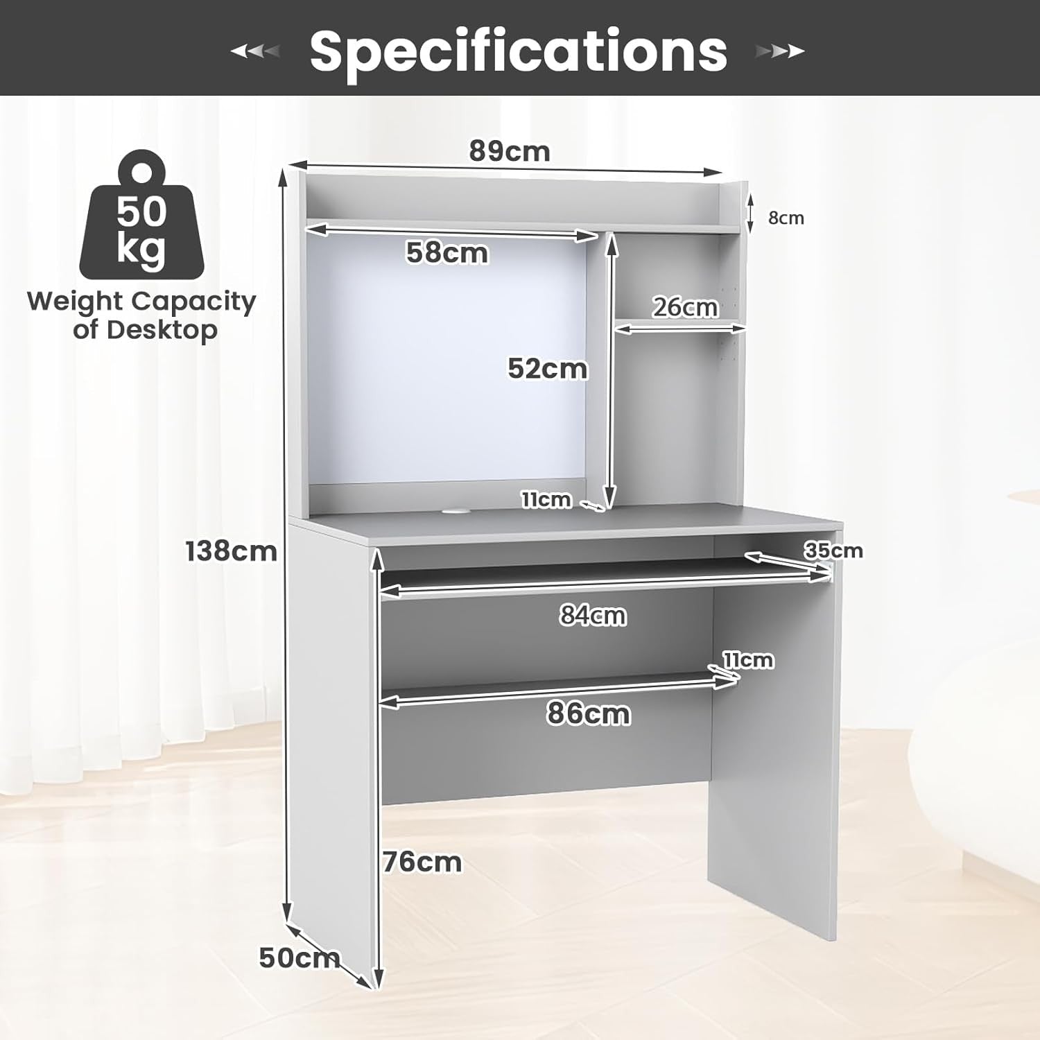 Computer Desk with Hutch Storage Keyboard Tray Study Workstation Grey