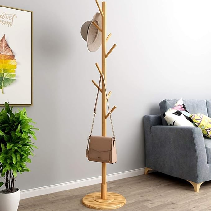 Wooden Standing Coat Rack Tree Clothes Hanger Floor Organizer for Home Office