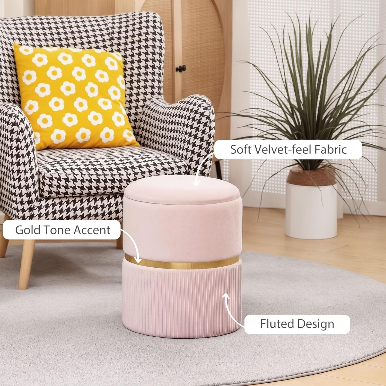 Pink Velvet Storage Stool Round Ottoman Padded Seat Vanity Footstool