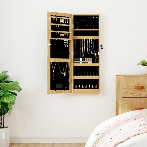 Slim LED Jewelry Mirror Cabinet Wall Mount Lockable Organizer Brown
