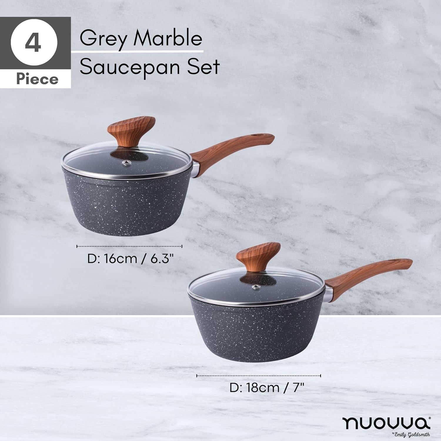 2pcs Non-Stick Marble Saucepan Set with Lids 16cm & 18cm Induction Ready