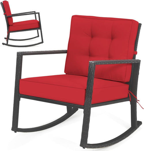 Outdoor Wicker Rocking Chair with Cushions & Armrest for Patio Comfort