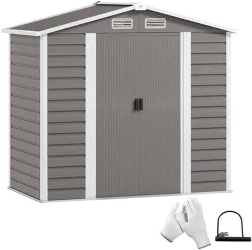 7x4ft Metal Garden Shed with Lockable Double Doors & Ventilation