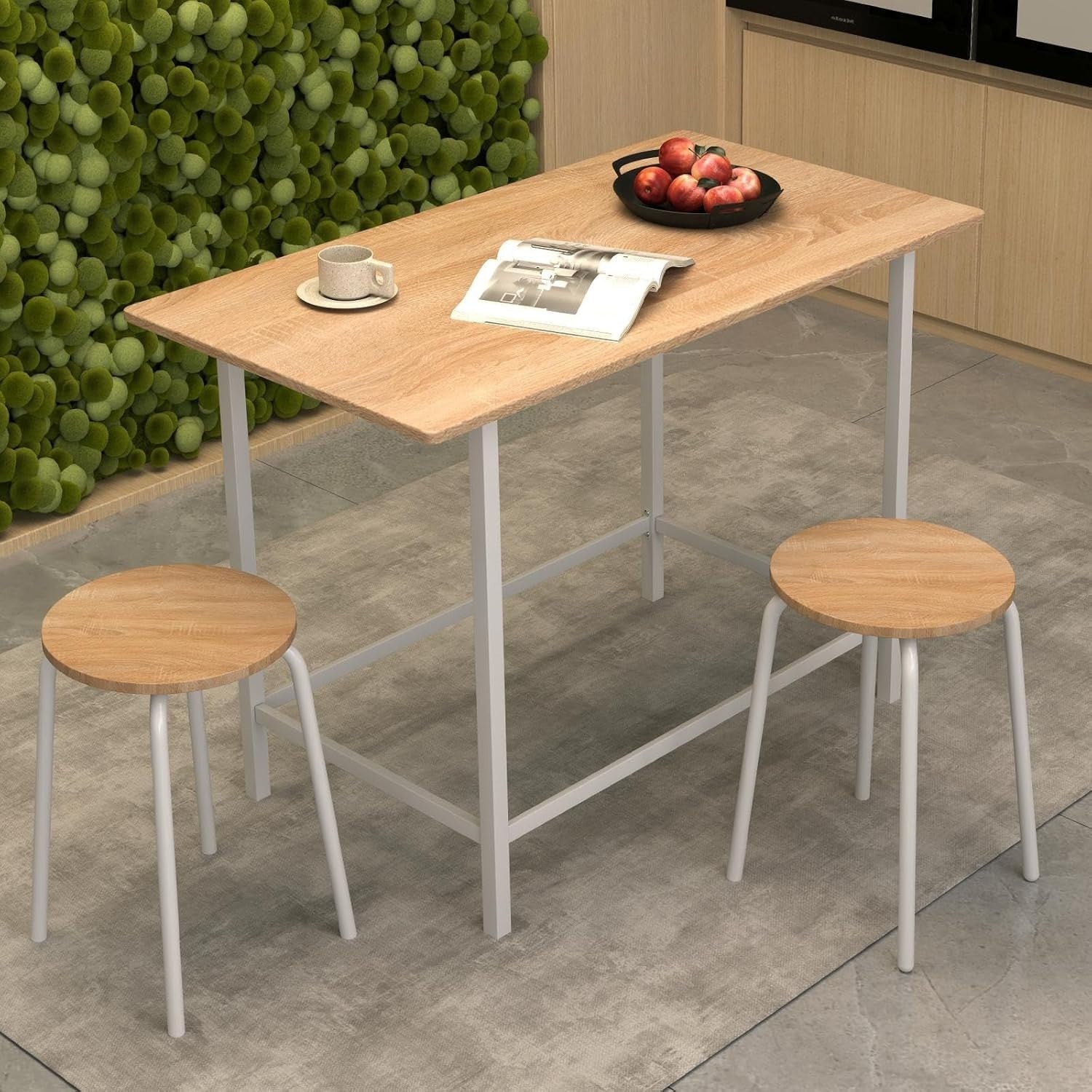 3-Piece Dining Bar Table Set with 2 Stools Wooden Top Metal Frame White Home