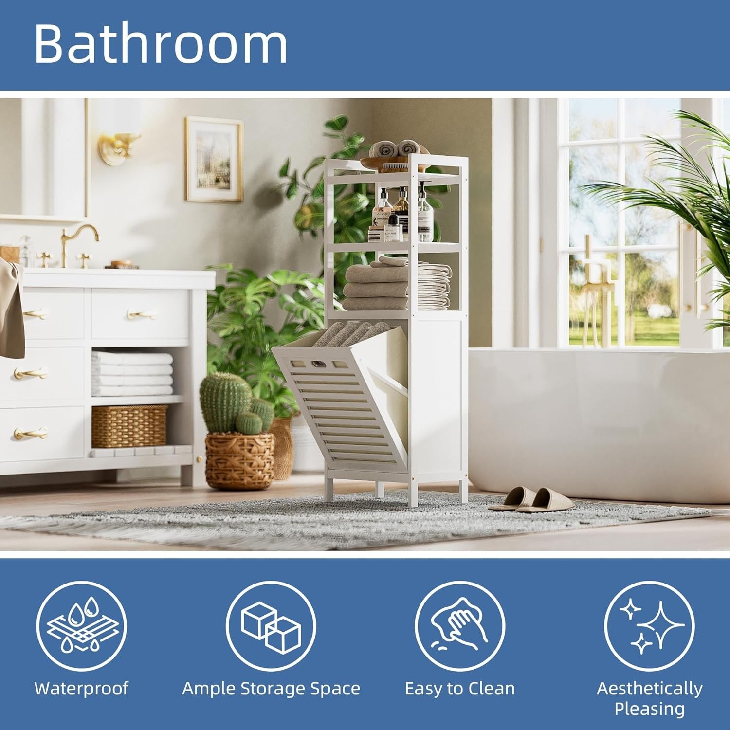 White Tilt Out Laundry Hamper Cabinet Bamboo Shelves 32L Basket Organizer