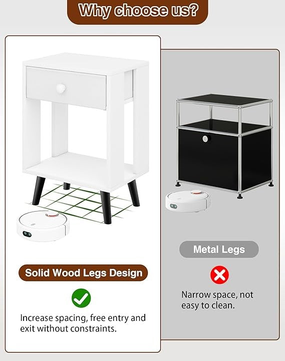 White Bedside Tables Set of 2, Modern Nightstands with Drawer & Shelf, Solid