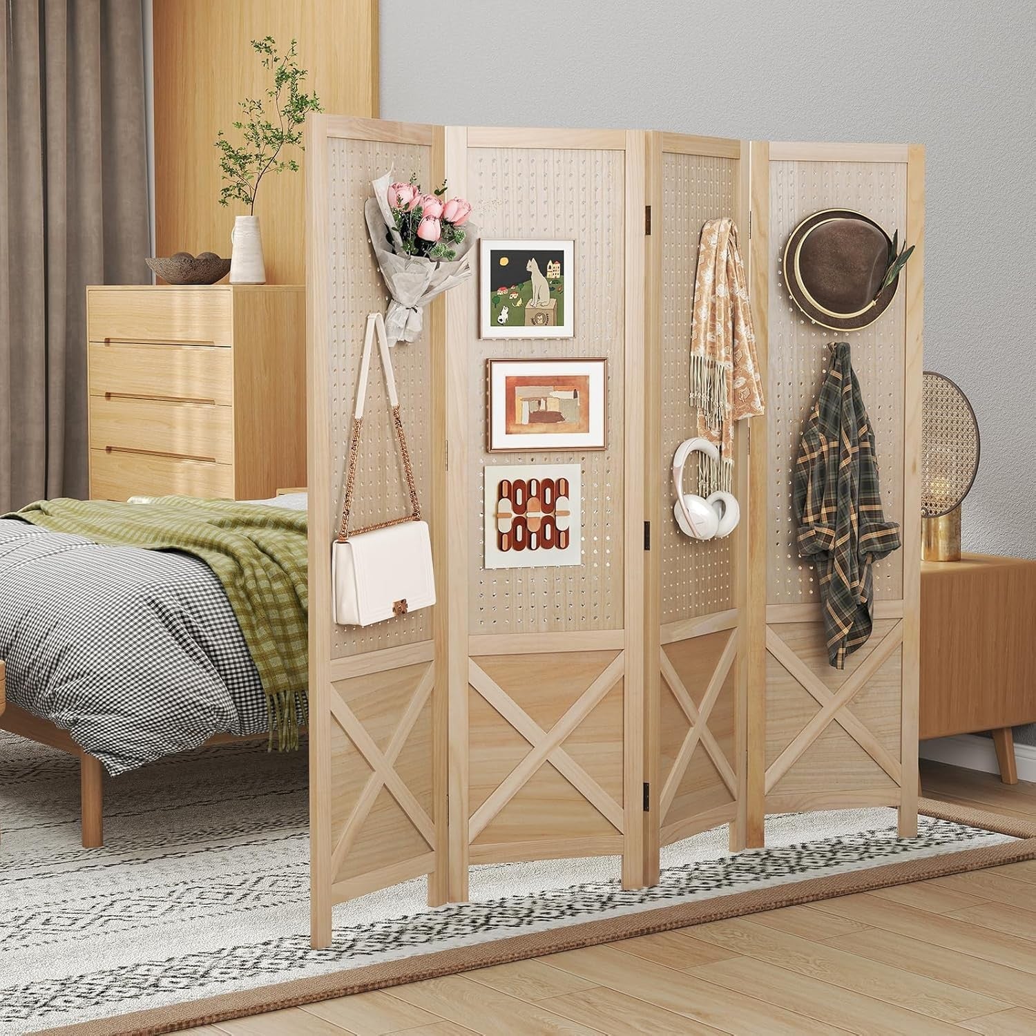 4 Panel Natural Wood Folding Room Divider with Pegboard Display for Home Office