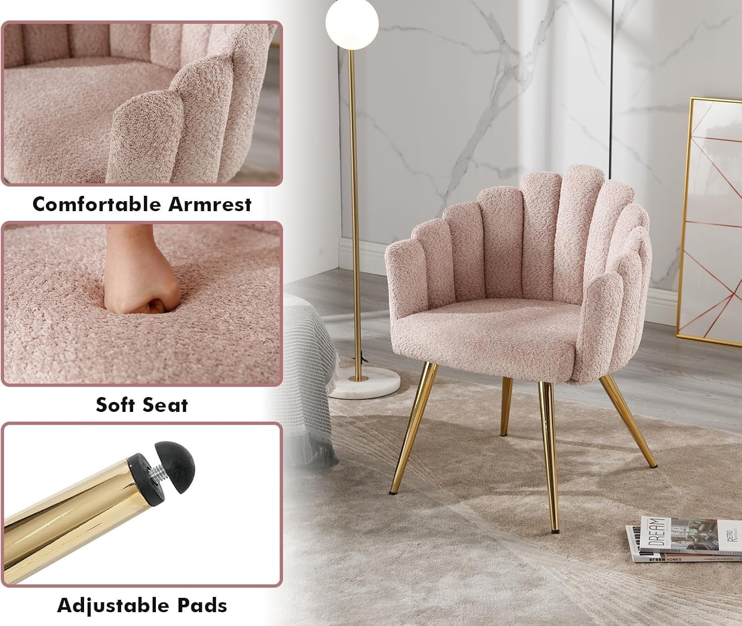 Pink Fabric Accent Armchair with Gold Legs – Modern Finger-Back Lounge Chair