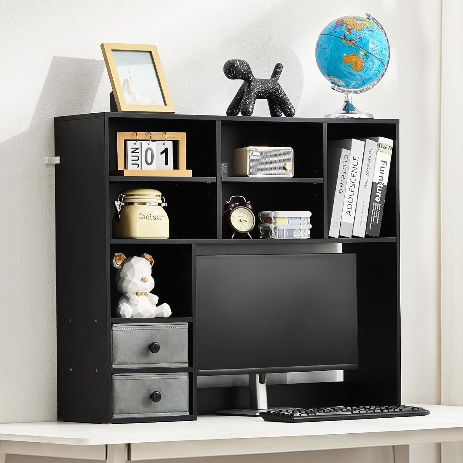 Black 3-Tier Desktop Bookshelf 94cm Desk Hutch Organizer w/ Fabric Drawers