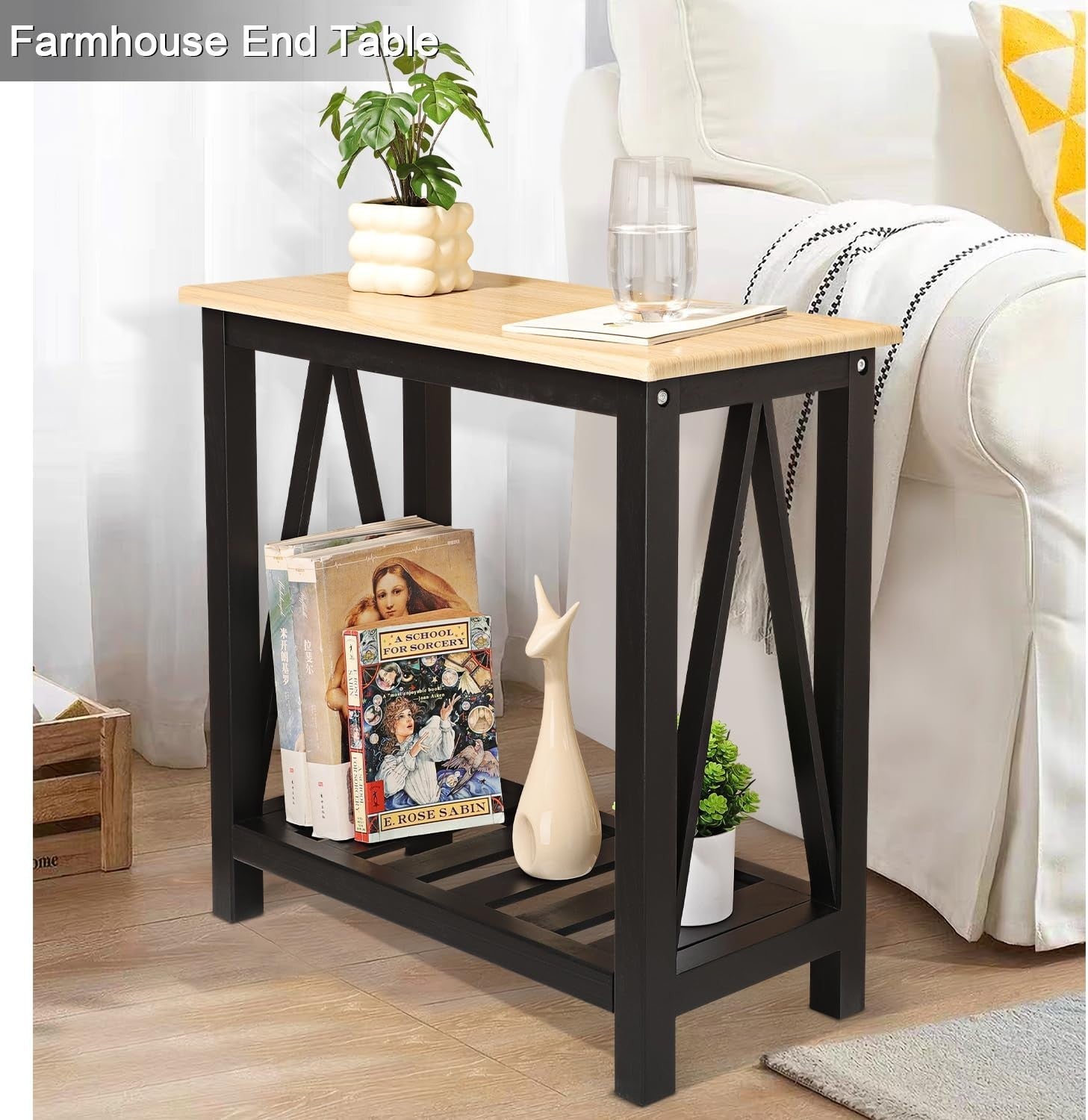 Narrow Wood Side Table with Shelves, Rectangular Nightstand for Small Spaces