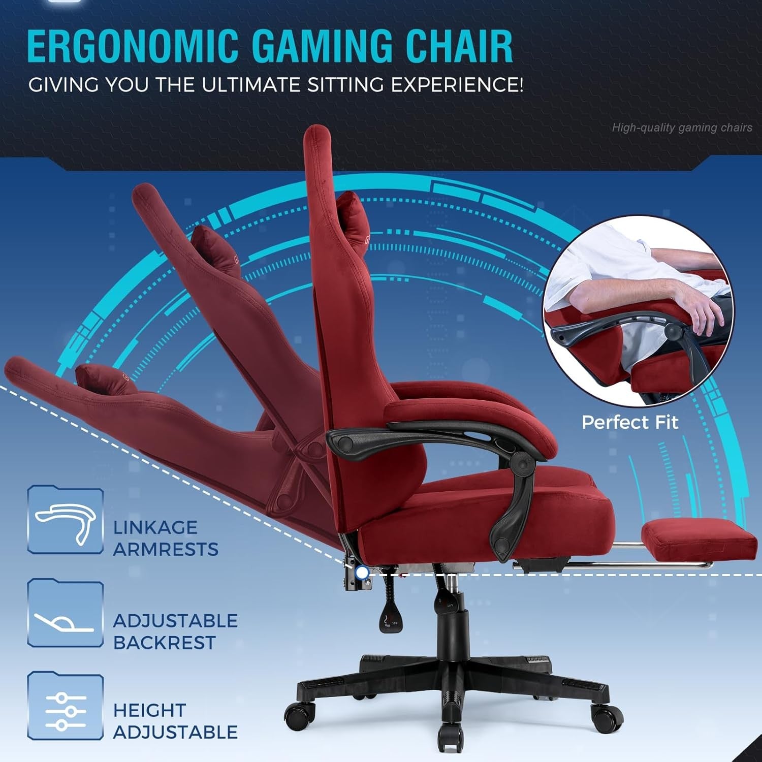 Fabric Gaming Chair Ergonomic Office Seat w/ Footrest Lumbar Support