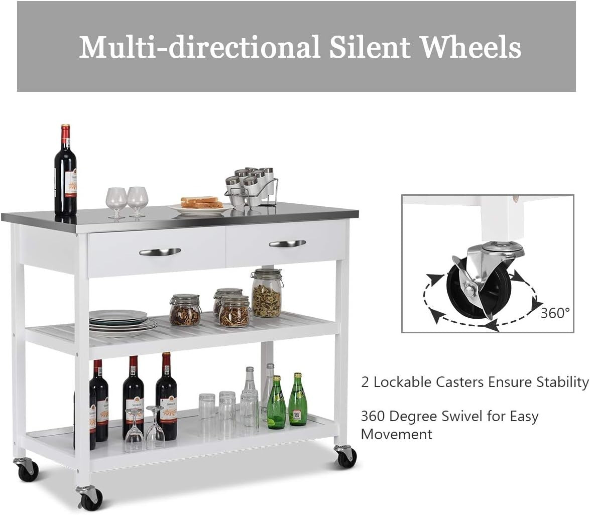 Kitchen Island Trolley with Stainless Steel Top, 2 Drawers & Lockable Wheels
