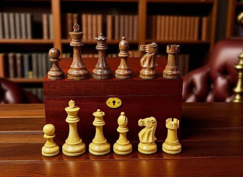 Luxury Acacia & Boxwood Chess Pieces Set 10.16cm King + Mahogany Storage Box