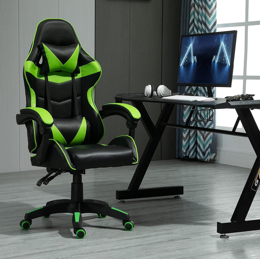 Reclining Gaming Chair Faux Leather w/ Lumbar Headrest Green