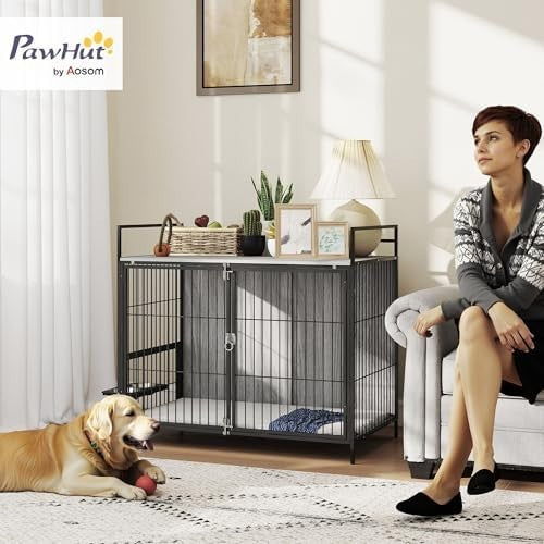 Dog Crate Furniture with Feeding Bowls & Storage, Lockable Doors, Grey