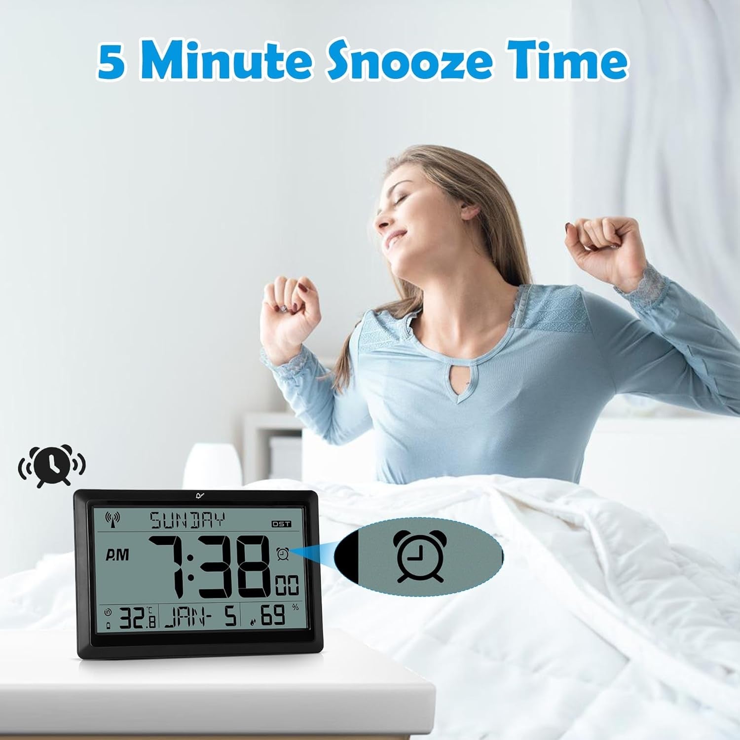 Large Digital Wall Clock Temperature Humidity Date LCD Battery Operated