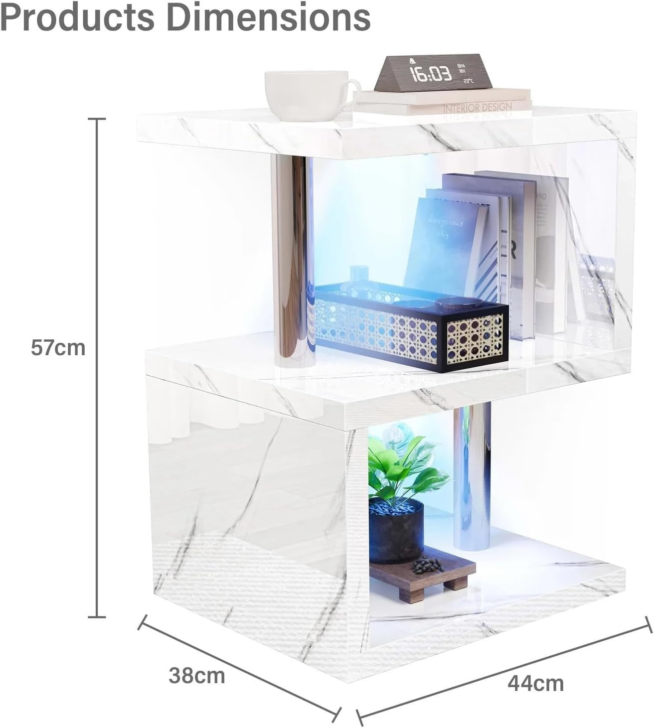 Modern White Marble S-Shaped LED Side Table with Storage & RGB Lights