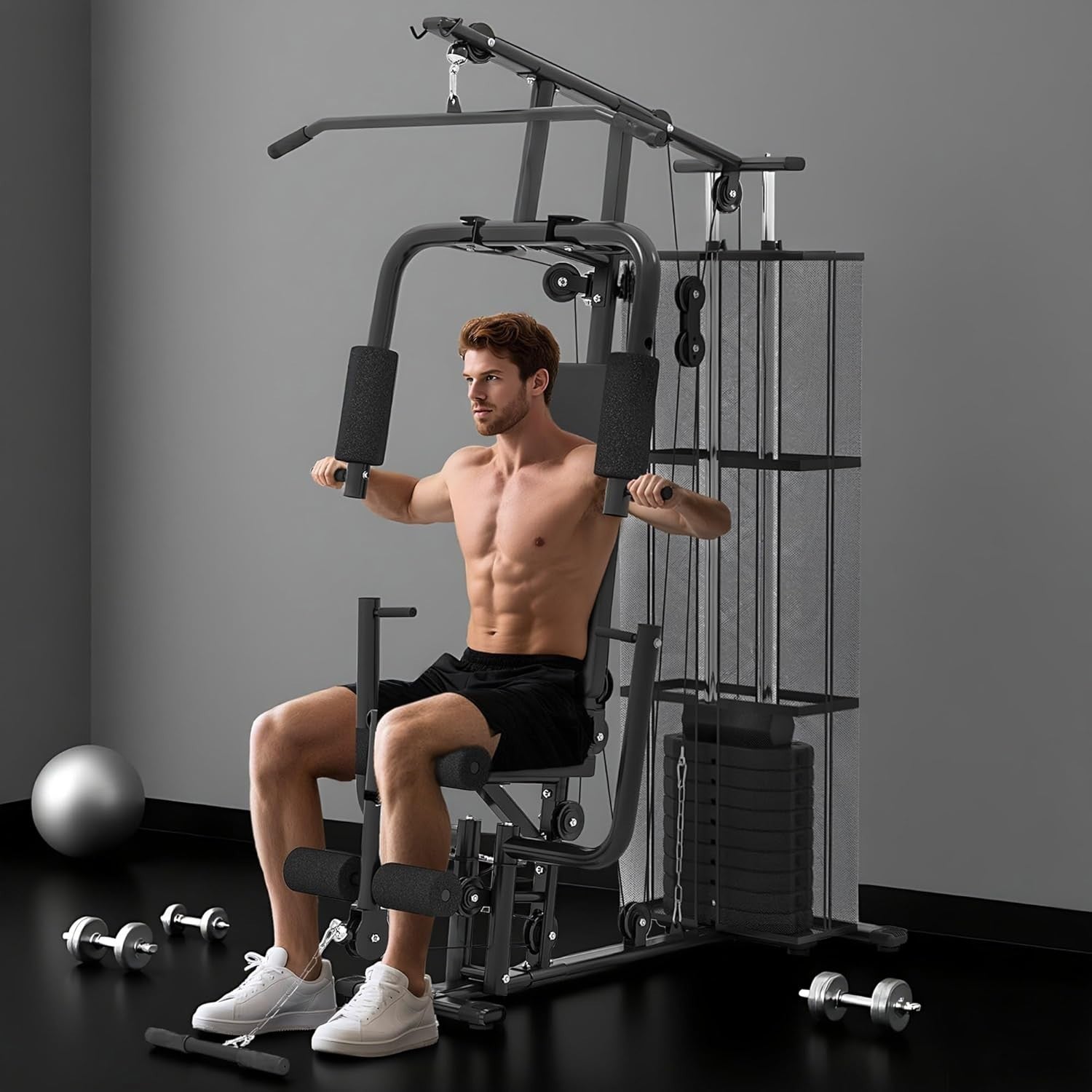 Multi Gym Home Workout Station 150x110x210cm – Chest, Leg & Arm Trainer white