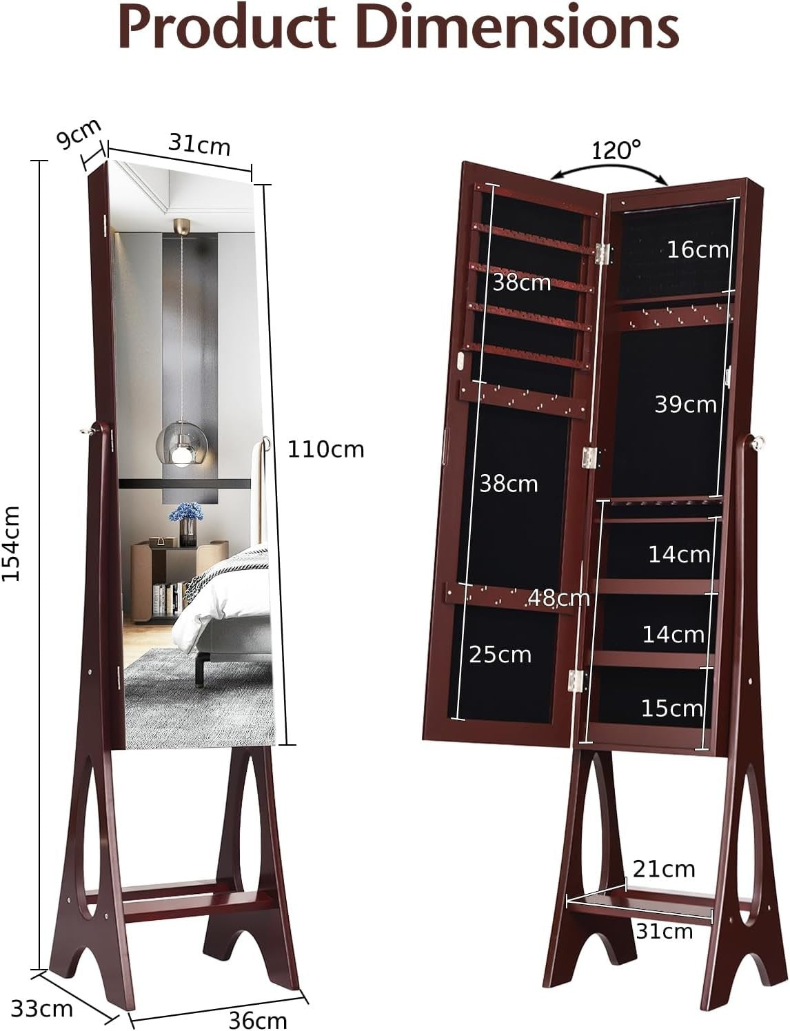 Standing Jewelry Armoire Lockable Full Length Mirror Adjustable Storage Brown