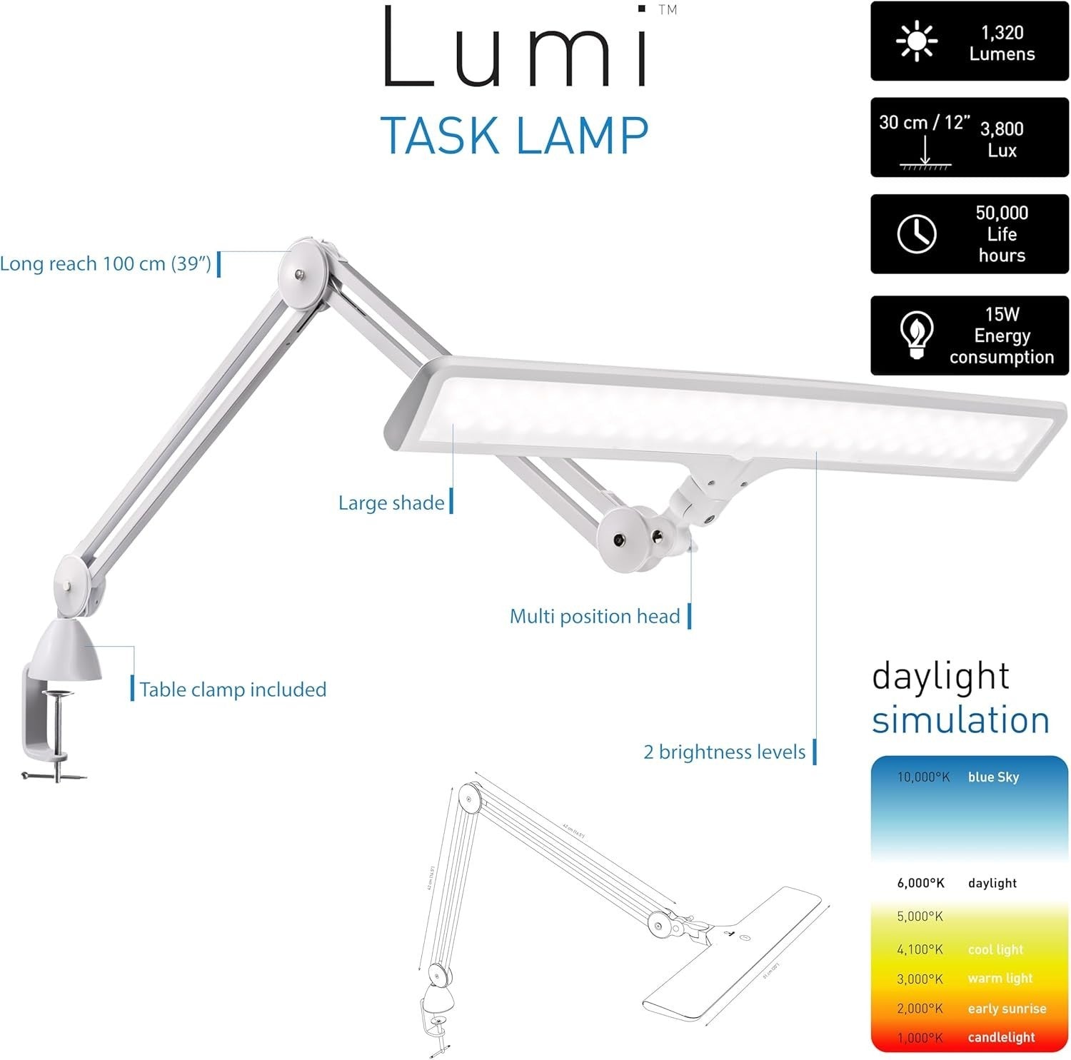 Adjustable LED Desk Lamp 4000 Lux Eye-Caring Dimmable Table Light for Crafting