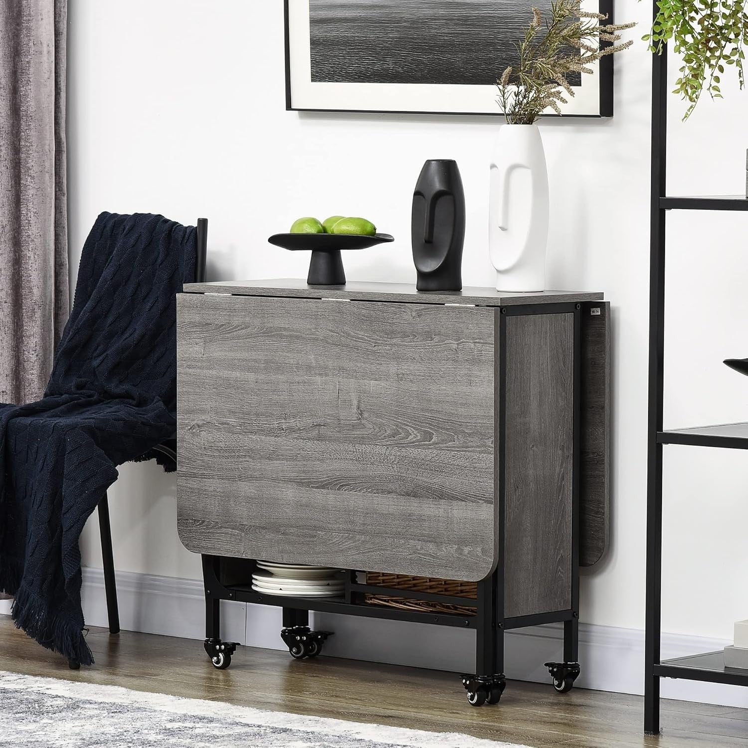 Foldable Drop Leaf Dining Table on Wheels Grey Space-Saving Kitchen Desk