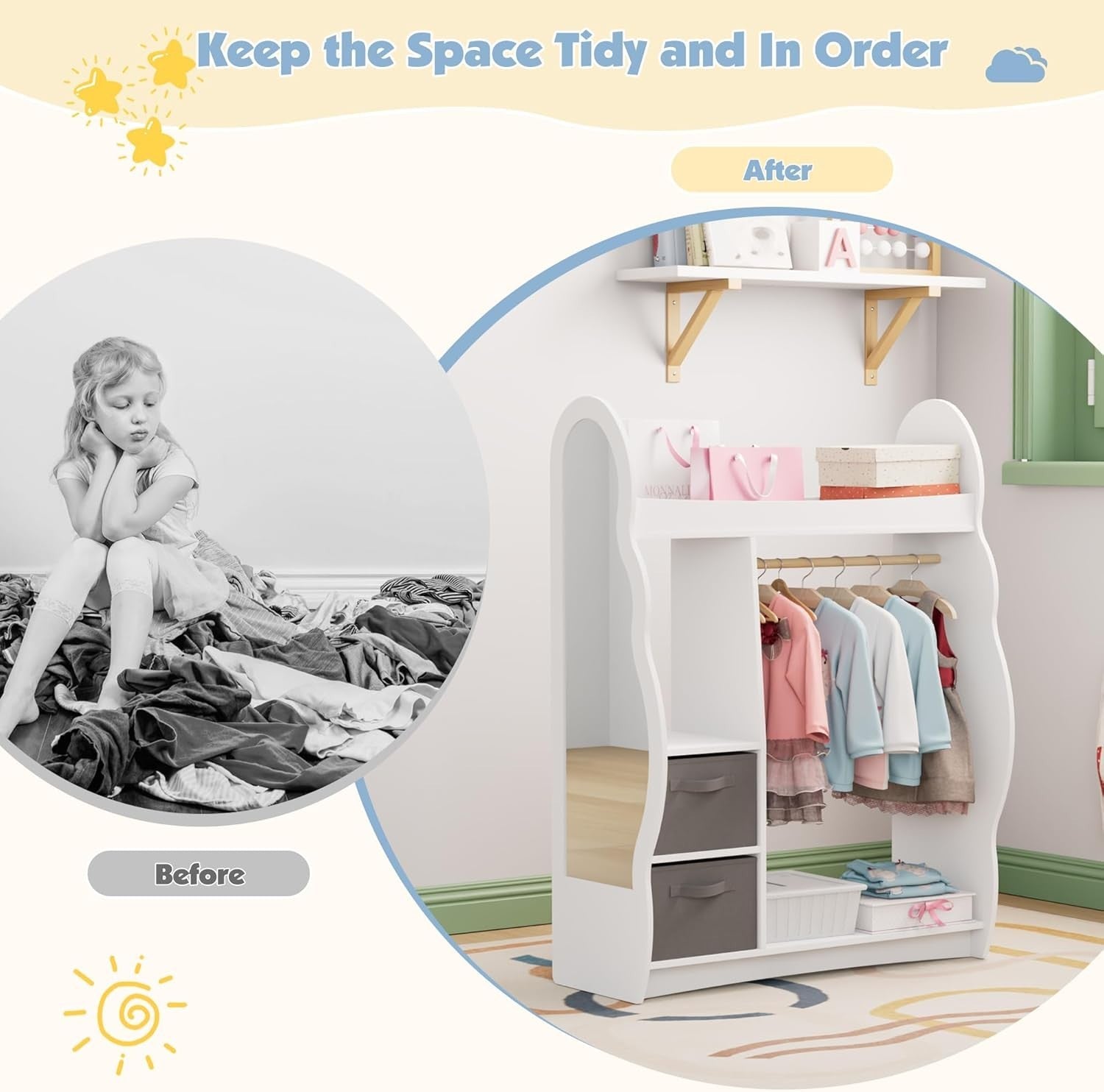 Kids Wardrobe with Mirror, Hanging Rail & 2 Drawers, White Cloud Design