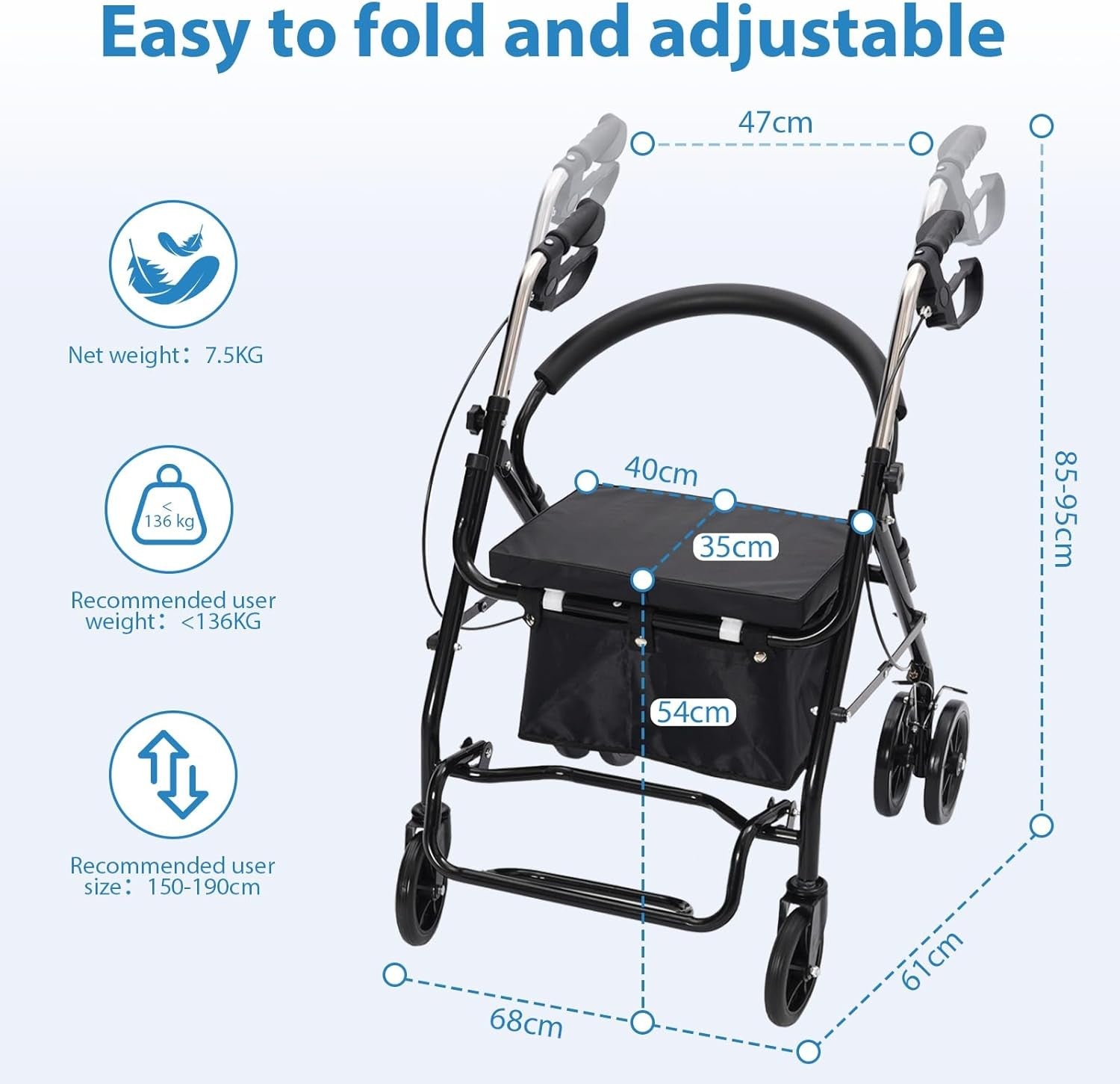 Lightweight Folding Rollator Walker with Seat 6 Wheels Lockable Brakes