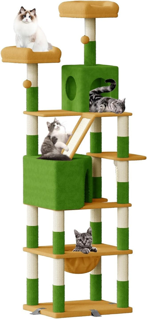 208cm Tall Cat Tree Tower Green Yellow Anti-Tip Multi-Level Condo Scratcher