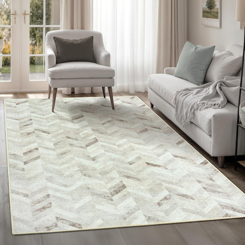 Washable Rug 152x213cm Non-Slip Chevron Cream Area Carpet for Living Room