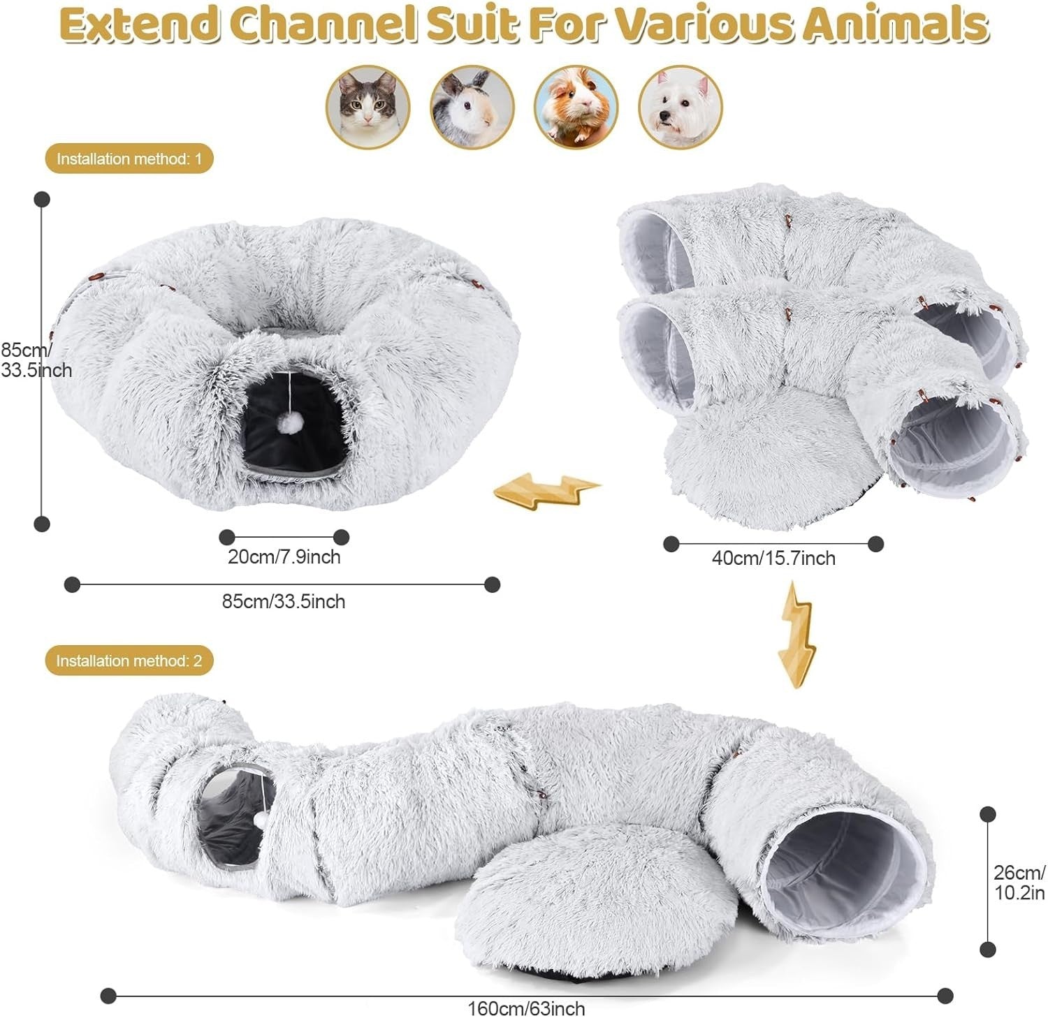 Large Cat Tunnel Bed Foldable Donut Play Tunnel w Plush Bed Toys