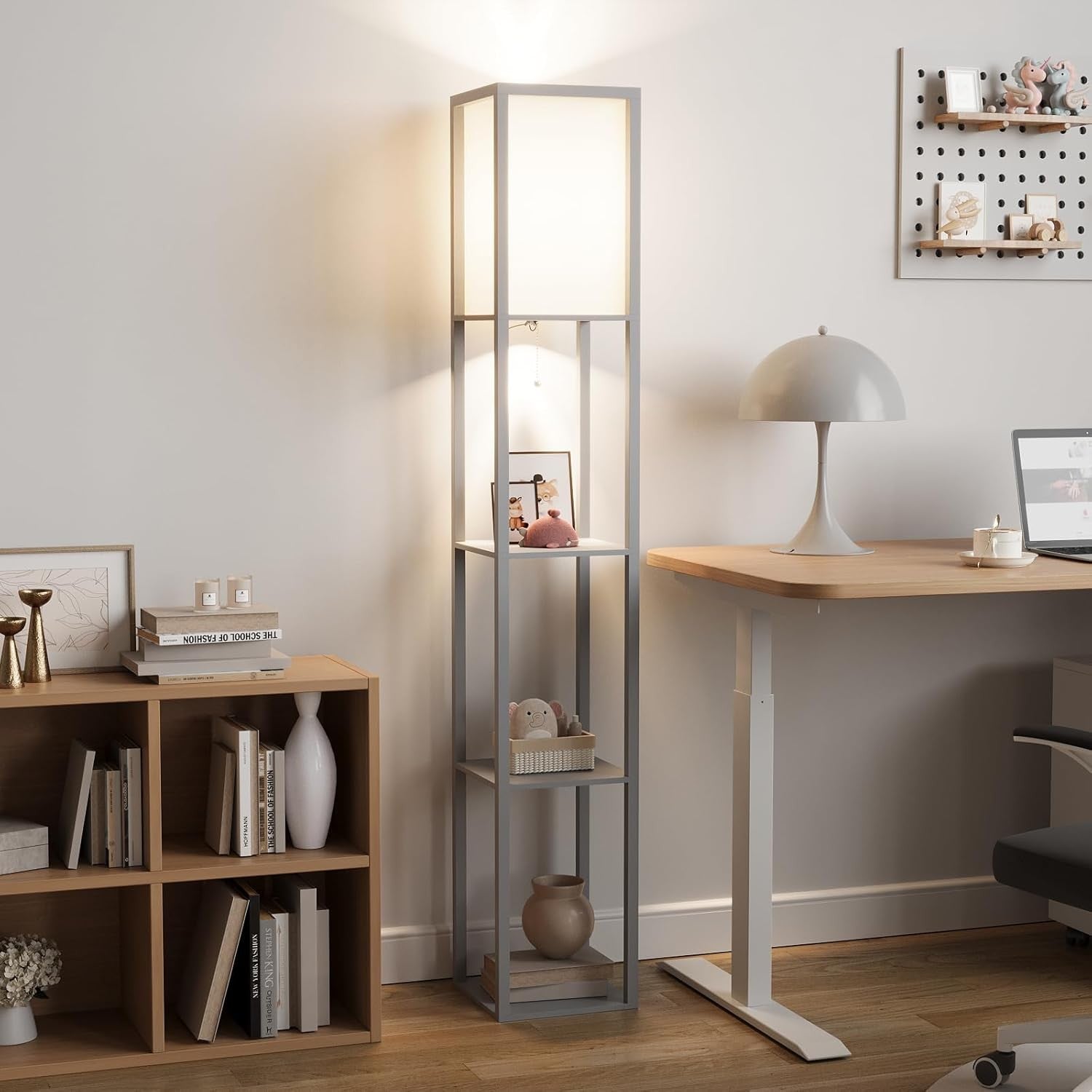 Floor Lamp with Shelves Wooden Storage Standing Light Modern Bedroom Living