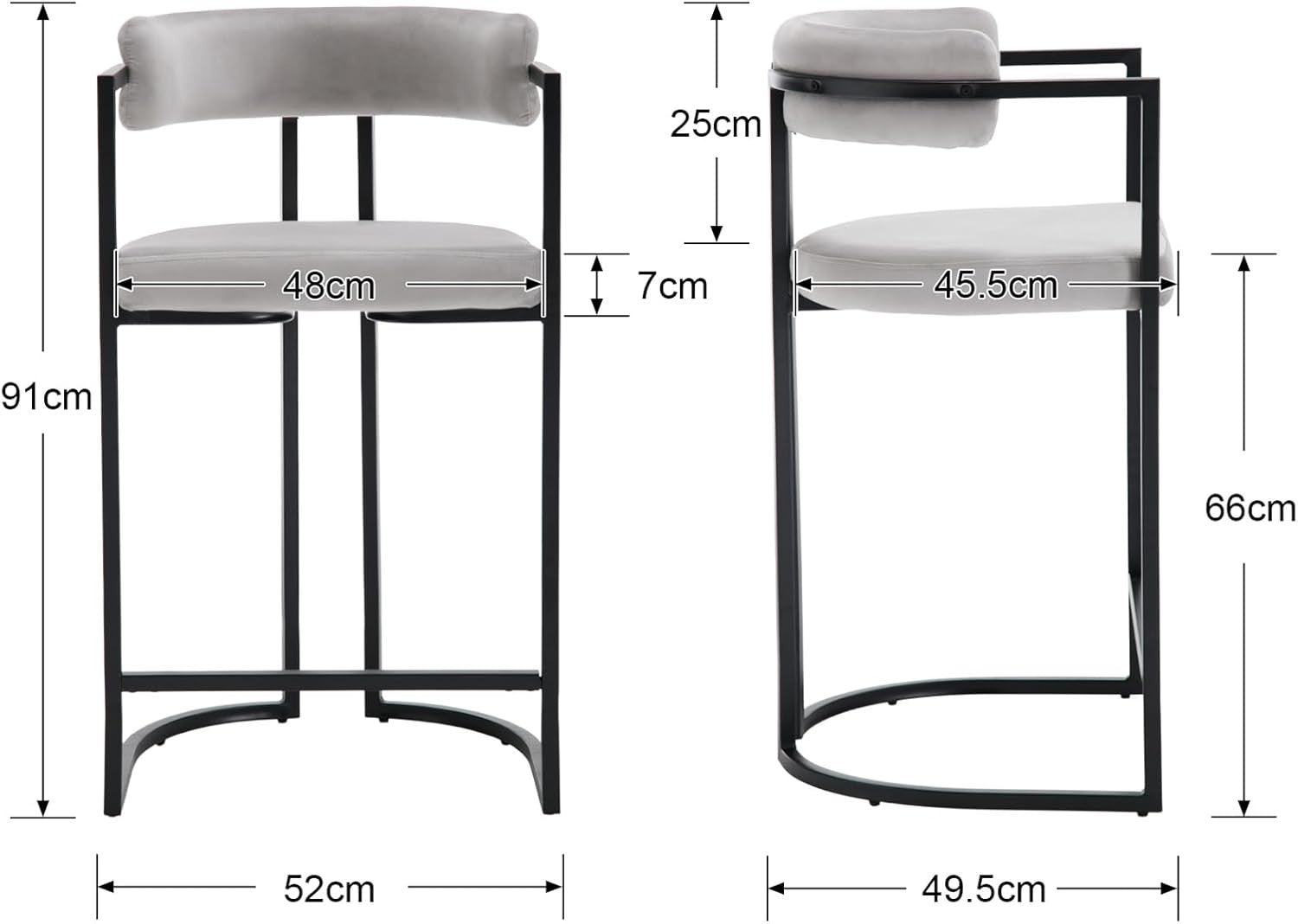 Gray Velvet Bar Stools Set of 2 Metal Frame Counter Height Kitchen